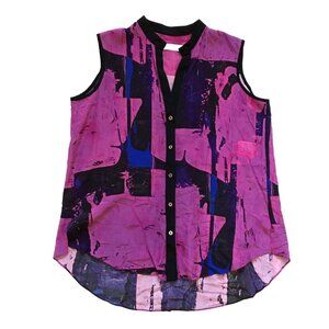 Hunter Bell Print Top Shirt Womens Small Pink Black Blue V-Neck Silk Button Down